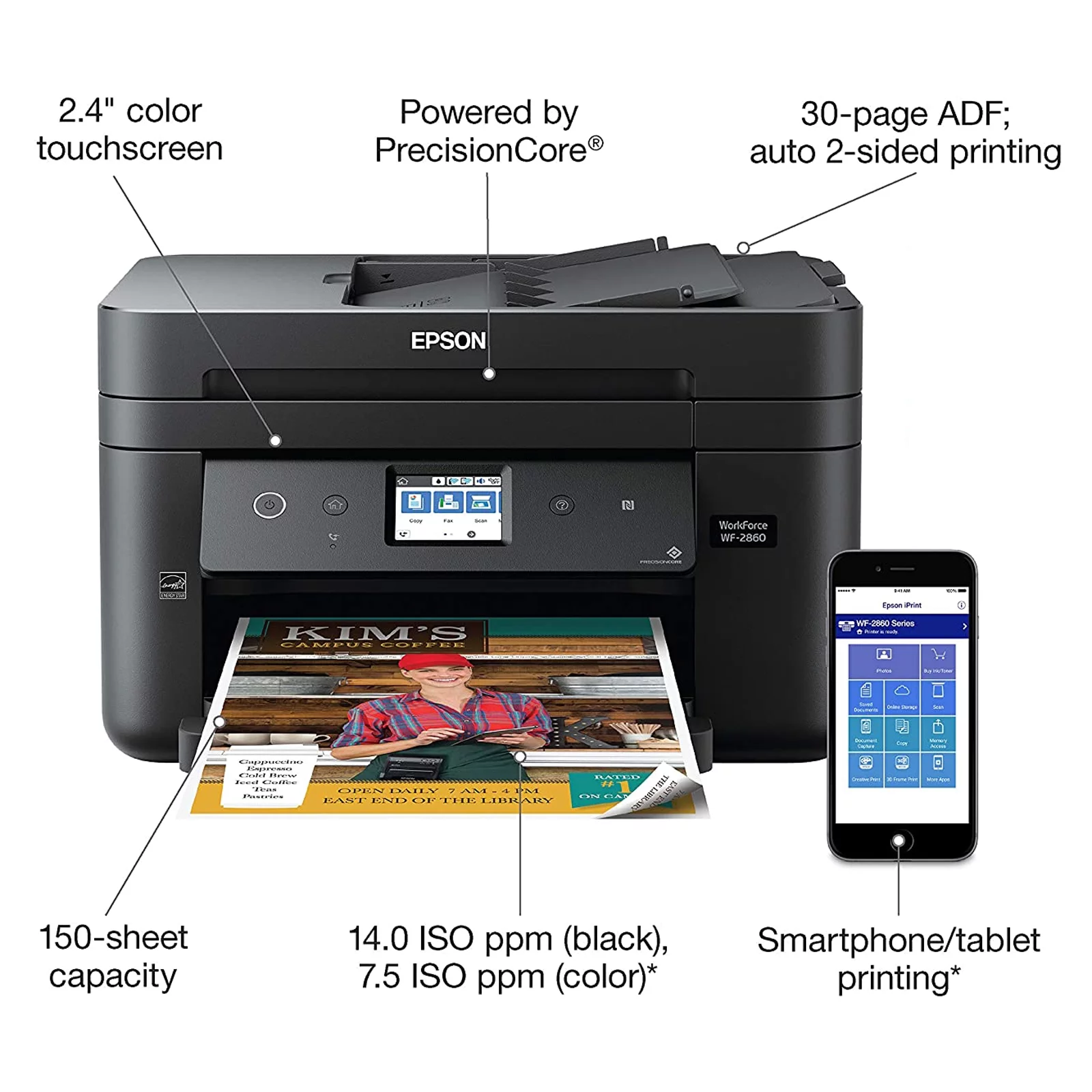 Epson Workforce WF-2860 All-in-One Wireless Color Printer with Scanner, Copier, Fax, Ethernet, Wi-Fi Direct