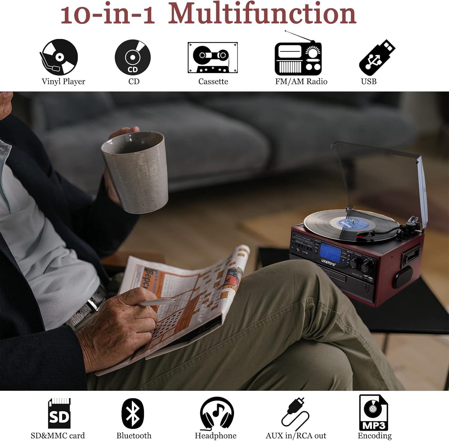 LoopTone 10 in 1 Bluetooth in/Out Record Player 3 Speed Vinyl Vintage Turntable CD Player Cassette AM/FM Radio 2 Built in Speaker USB/SD Recorder Aux-in RCA Line-Out