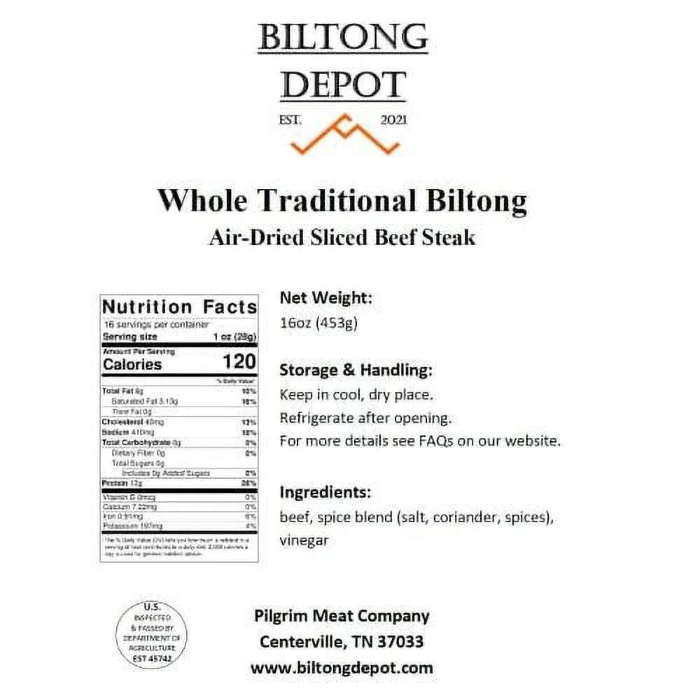 Biltong Depot Whole Slab Traditional Biltong (With Fat) 1Lb (16Oz) Paleo And Keto Friendly/No Preservatives, No MSG, No Gluten, No Nitrates, No Preservatives