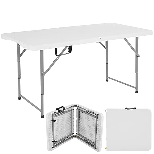 Folding Table, 4 FT Heavy Duty Plastic Foldable Table with Carrying Handle, Adjustable Height Portable Party Tables for Garden Party Picnic Camping BBQ Dining Kitchen Wedding Market Events