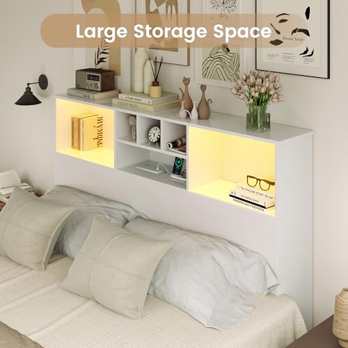 Headboard for King Size Bed with LED Light, Headboards with Storage Bookcase, Power Outlets, USB Ports Head Board, Light Adjustable, Wooden Headboard Sturdy and Stable Headboards