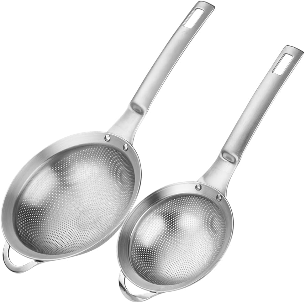 Punch Hole Sieve Fine Mesh Stainless Steel Small Colander Strainer With Handle Metal Micro Sifter Set of 2 for Kitchen Baking and Food Filter Rice,Tea,Pasta,Flour,Juice,Mini 3.55 and 4.33 Inch