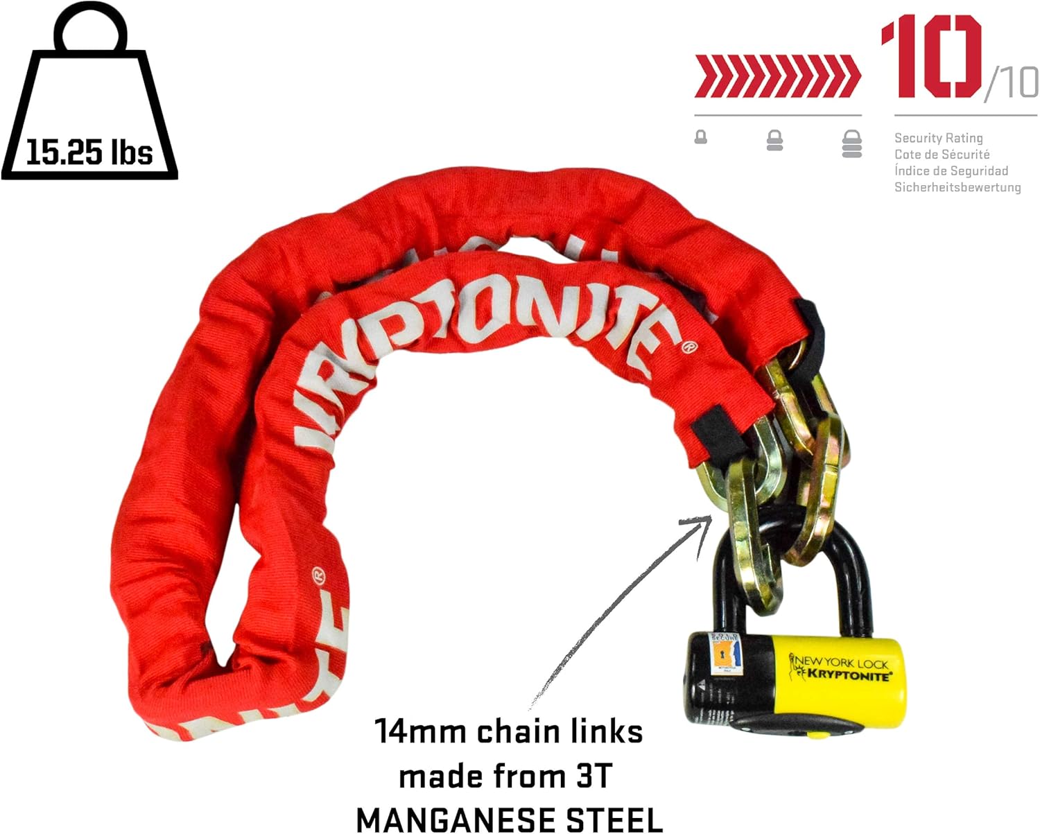 Kryptonite New York FAHGETTABOUDIT 1415 14mm 15 LBS Red Chain & New York Lock 15mm Disc Lock