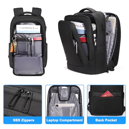 FENRUIEN Business Travel Backpack for Men, Expandable Water Resistant Computer Backpack with USB Port, Black Laptop Backpack 15.6 Inch for College/Work