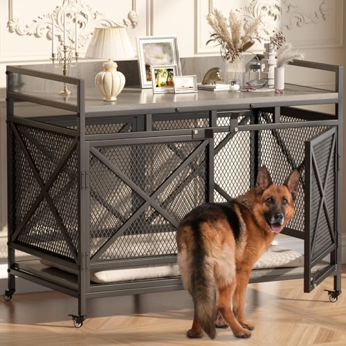 Large Dog Crate Furniture, 48 Inch Wooden Dog Kennel for XLarge Dogs, Heavy Duty Dogs Furniture Indoor Wire Dog Cage with Adjustable Feet & 360° Wheels, Decorative Pet House End Table, Grey