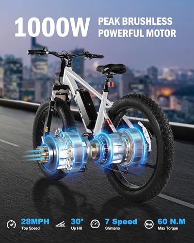 Racer Plus Adult Electric Bicycle, Peak 1000W Motor Electric Bike for Adults, Up to 28MPH 65Miles, 26x4.0 Fat Tire Electric Mountain Bike with 48V 13AH Battery, 7 Speed Front Suspension E Bike