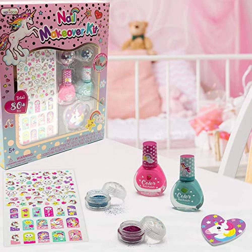 Hot Focus Sparkling Unicorn Nail Art Kit for Little Girls +80PCS- Scented Nail Polish, Pink and Blue Glitter, Unicorn Nail Stickers, Nail File, Non-Toxic 100% Kid Friendly. Designed in the US.