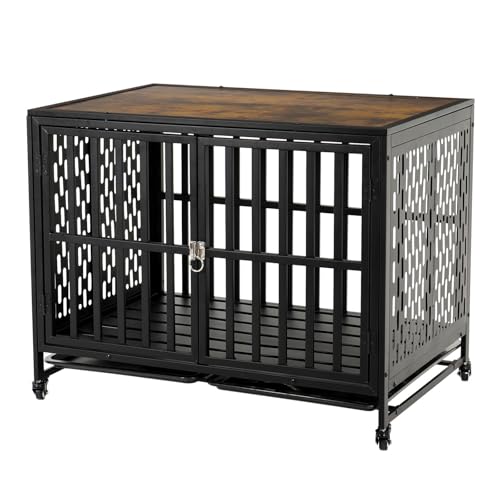 LUCKUP Heavy Duty Dog Crate Furniture for Medium and Large Dogs, Dog Kennel Indoor Dog Cage end Table, Wooden Metal Pet House with Trays, Lockable Wheels 42inch Black