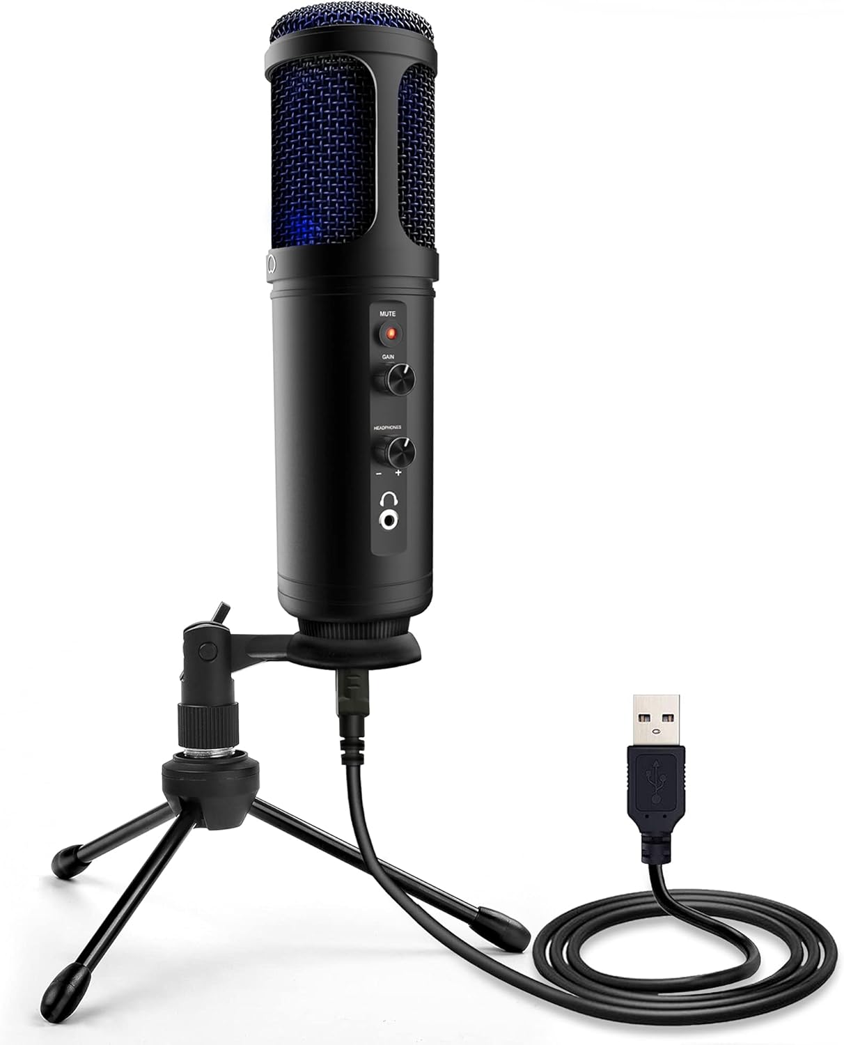 USB PC Recording Condenser Microphone - Blue LED, Adjustable Gain, Headphone Jack, Mute Control, Tripod Stand - Portable Pro Audio Condenser Desk Mic for Podcast Streaming Gaming - Pyle PDMIUSB50 Pack of 2