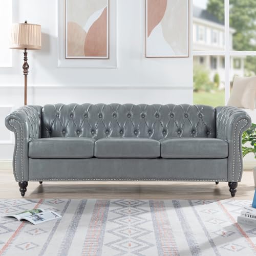 Couch, 3 Seater Sofa, Comfy PU Rolled Arm Chesterfield Couch, 84.65