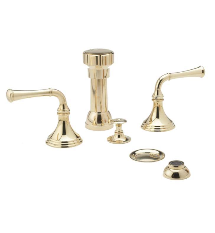 PHYLRICH 3RING 5 3/8x22 Four Hole Deck Mounted Vertical Spray Bidet Faucet Set in Polished Brass, Straight Handles, SKU: D4205-0