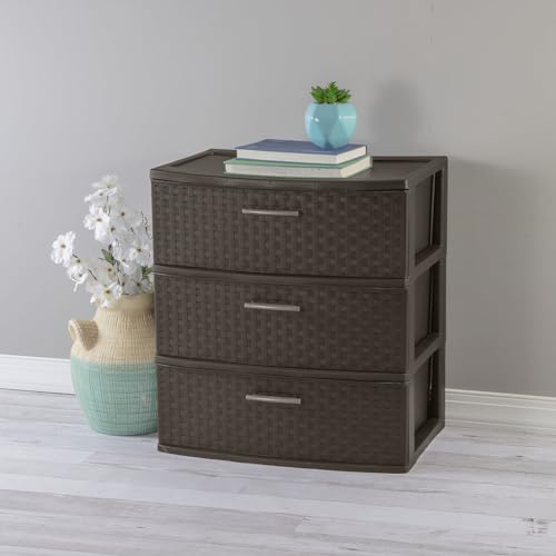 3 Drawer Wide Plastic Weave Tower with Pull Handles,Decorative Storage Drawers for Bedroom, Closet, Office, Espresso, 1-Pack