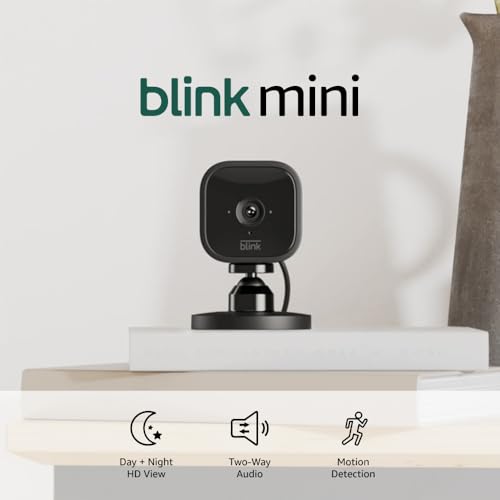 Blink Mini - Compact indoor plug-in smart security camera, 1080p HD video, night vision, motion detection, two-way audio, easy set up, Works with Alexa &ndash; 2 cameras (White)