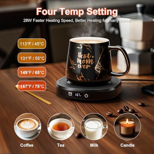 Coffee Mug Warmer & Mug Set for desk, Smart Auto Shut Off Electric Cup Warmer for Office & Home, 4-Temperature Setting Coffee Heating Mug Candle Heater Tea Beverage Warmer Plate for Men Women Birthday