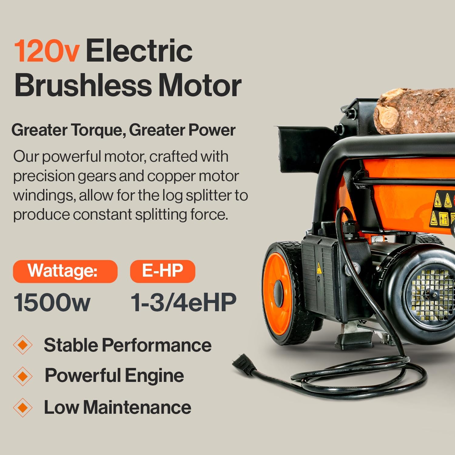 SuperHandy Log Splitter Electric Portable 6 Ton Ram System 1-3/4eHP 15Amp 1500Watt Motor Horizontal Full Beam with Steel Wedge for Fire Wood Splitting Forestry