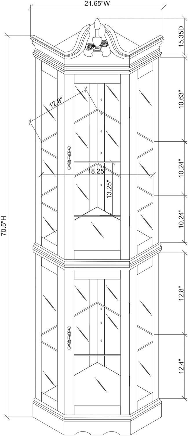 Lighted Curio Cabinet with Curved Top Finial, Wooden Corner Display Cabinet with Adjustable Tempered Glass Shelves, Retro Storage Cabinet with Mirrored Back & Tempered Glass Doors