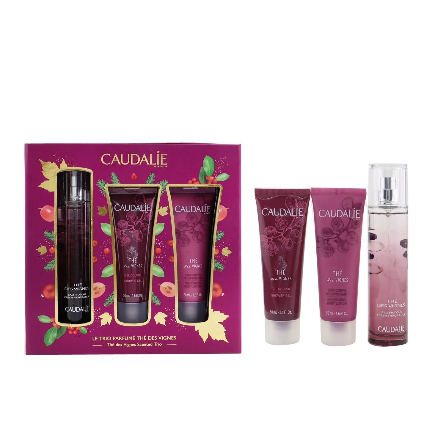 Caudalie The Des Vignes Christmas Coffret: Fresh Fragrance Spray 50ml + Shower Gel 50ml + Body Lotion 50ml (Purple Line) 3pcs