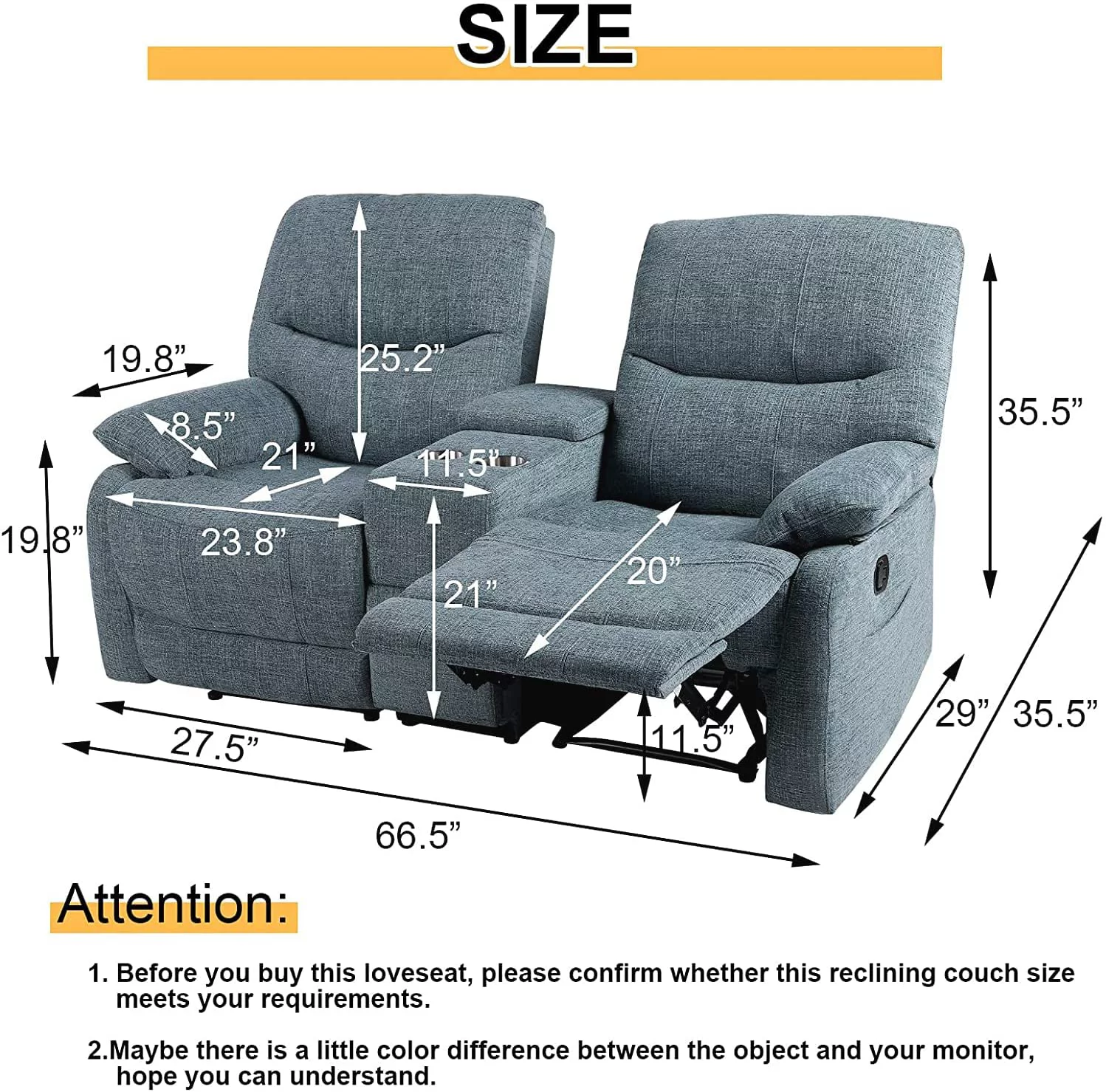 Reclining Sofa, Double Reclining Loveseat with Console, 2 Seater Sofa Home Theater Seating, Fabric Recliner Sofa Couches with Storage and Cup Holders - Radiant Selections