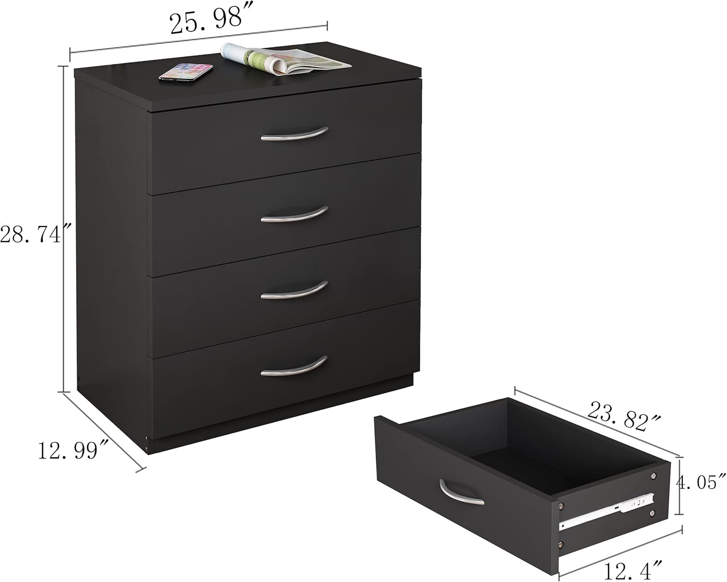 Dresser with 4 Drawers, Modern Dresser Chest with Wide Storage Space, Functional Organizer with Solid Wood Frame for Bedroom, Living Room, Closet, Entryway, Hallway (Black)