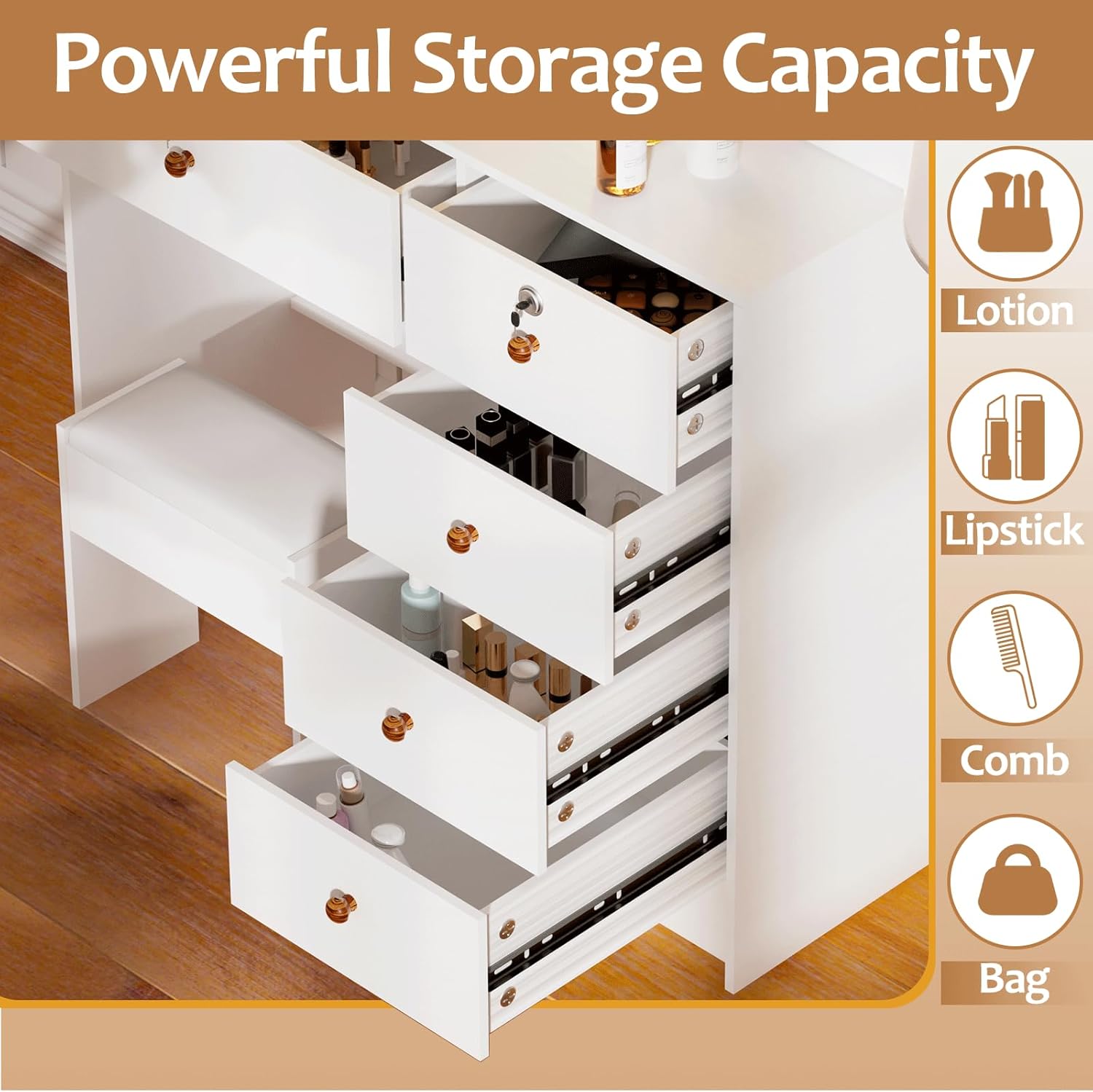 Girls Makeup Vanity with Sliding Mirror and Lights for Home, Hollywood Style Vanity Desk with Lockable Drawers and Cabinets, Dressing Cosmetic Table with Soft Chair for Girls