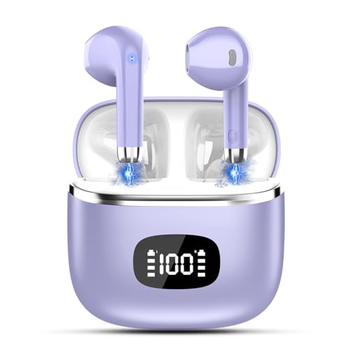 Wireless Earbuds Bluetooth Headphones 5.3 Bass Stereo Earphones, 40H Playtime Ear Buds with LED Power Display, Bluetooth Earbud with Noise Cancelling Mic IPX7 Waterproof Earbuds for iOS Android Blue
