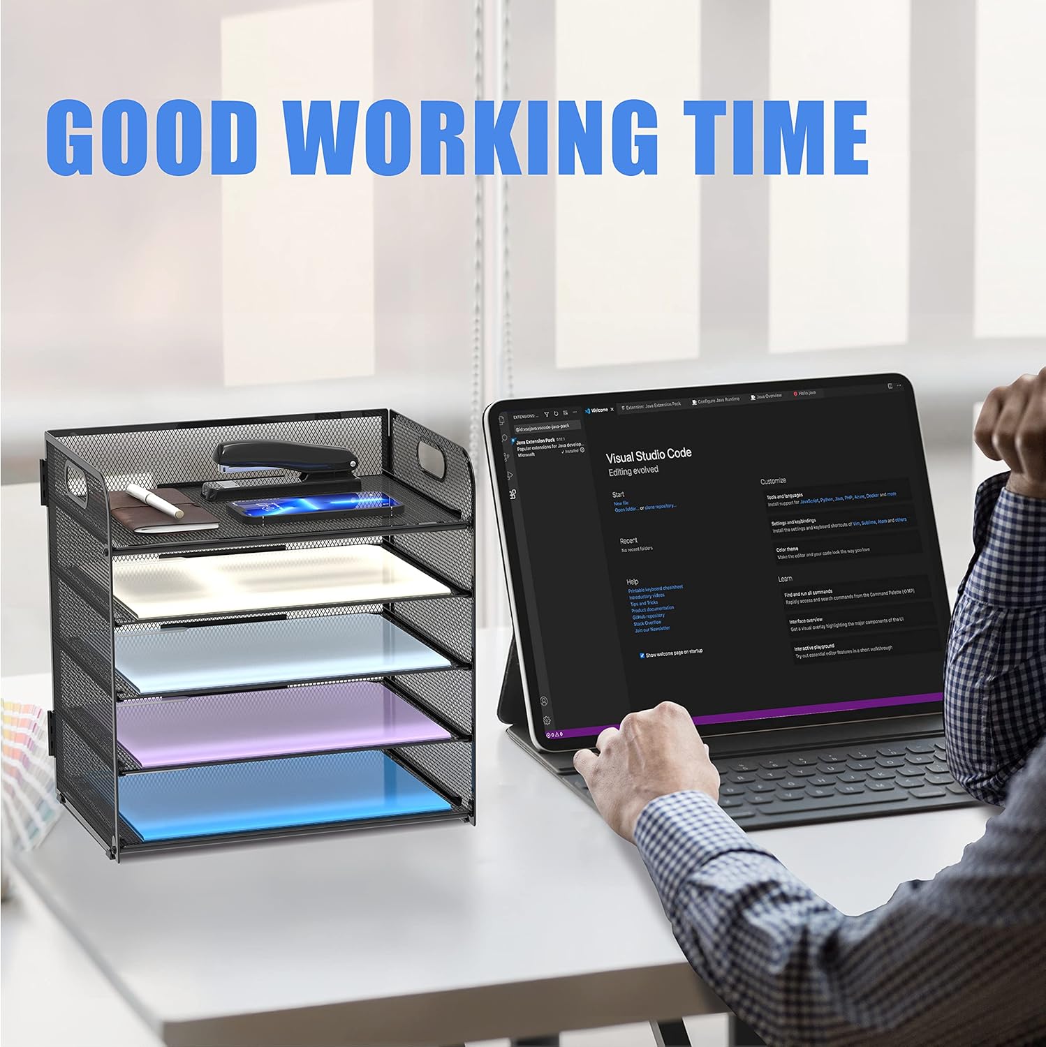 SUPEASY 5-Tier Desk Organizer with File Holder, Paper Letter Tray Organizer with Magazine Holder, Black Paper Sorter for Office, Home or School