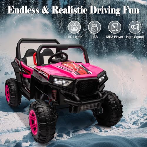 24V Ride on Car Kids Side by Side with Remote Control, 2 Seater 4WD Kids UTV Off-Road Power Wheels,Battery Powered Kids Cars to Drive w/ 4x100W Engine,3 Speeds,Bluetooth,LED Lights (Pink)