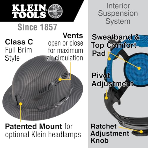 Klein Tools 60626 Hard Hat, Vented Full Brim Premium KARBN Design, Type 1 Class C Hard Hat, 4-Point Ratchet Suspension, Medium