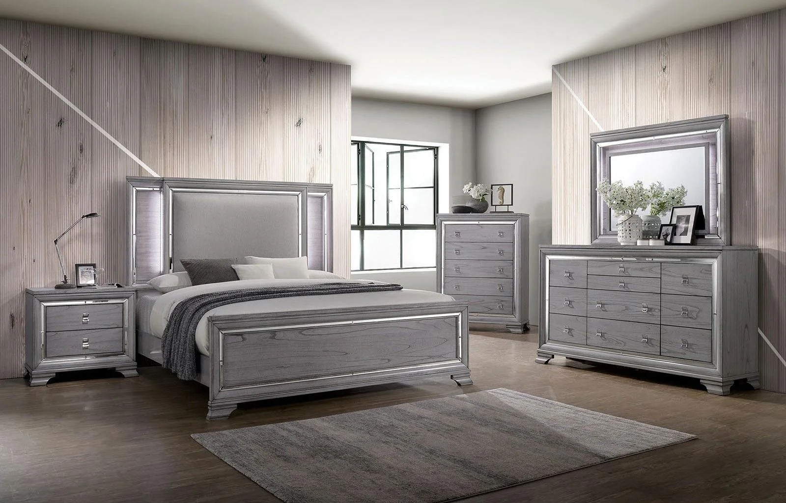 Contemporary Light Gray Solid Wood Queen Bedroom Set 6pcs FOA CM7579 Alanis