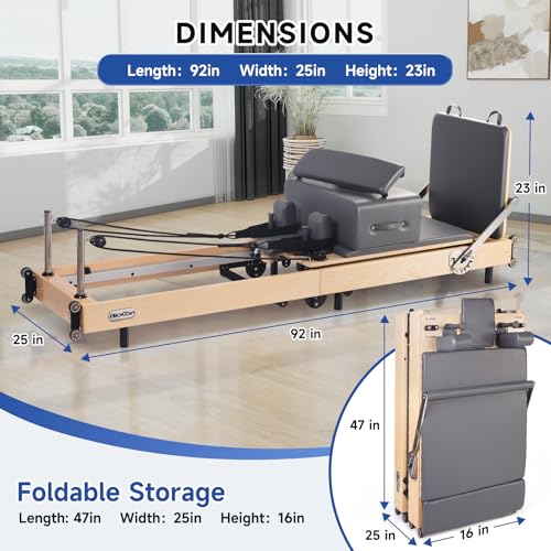 Extended Pilates Reformer, Foldable Wood Pilates Machine with Sitting Box, Jump Board and Anti-Slip Mat for Strength, Rehab & Flexibility, Yoga Exercise Equipment Full Accessories