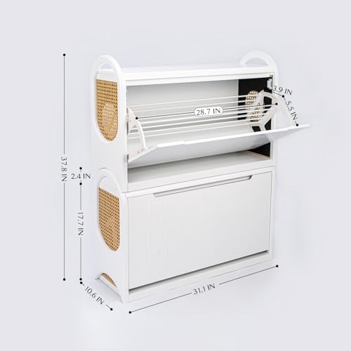 Shoe Bench with Storage,Shoe Rack Bench for Entryway,Rattan Shoe Bench with Seating,Boho Shoe Organizer Bench with Shelf,Wooden Storage Bench for Hallway and Bedroom,White