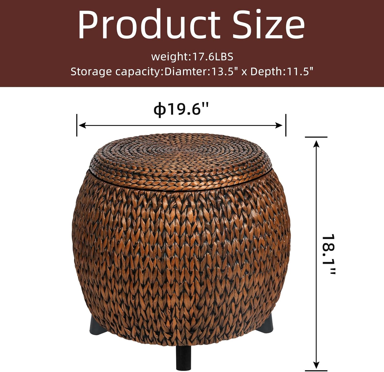 Round Sides Storage Ottoman Coffee Table,Ratten Swiveling Ottoman Bench, Bed Storage Trunk, Storage Basket,Side Table with Banana Leaf for Living Room,Hand Woven,Golden