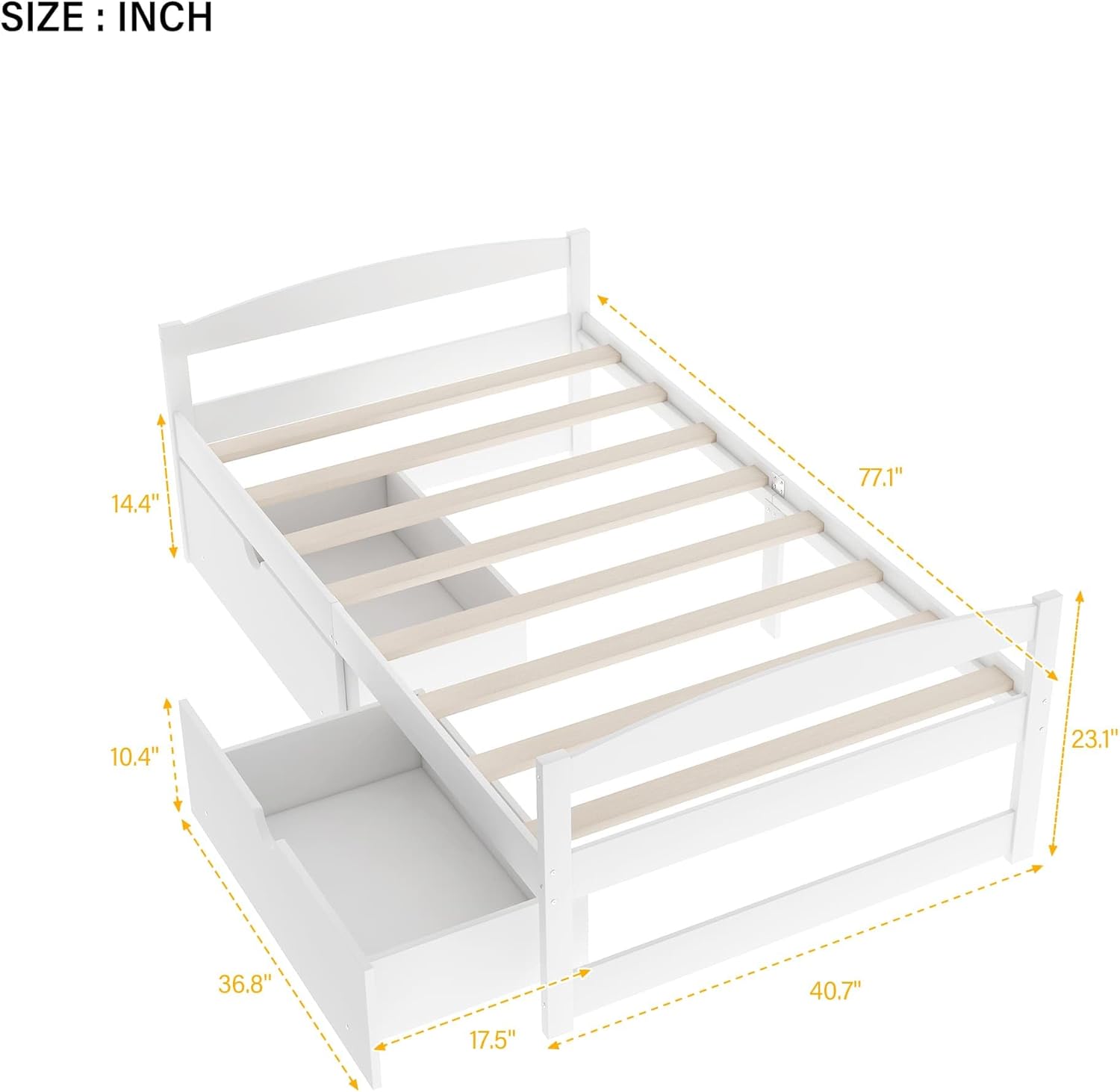 Twin Size Daybed with 2 Drawers, Wood Storage Bed Frame Twin Size Platform Bed Frame with Storage Solid Pinewood Bedframe with Drawers No Box Spring Needed White