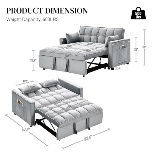 Convertible Sleeper Sofa Bed, Velvet Pull Out Couch Bed,3-in-1 Convertible Upholstered Loveseat Sofa,Velvet Futon Couch with Adjustable Backrest for Living Room,Dark Grey