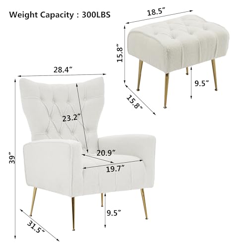 Accent Chair with Ottoman, Upholstered Tufted Boucle High Wingback Armchair with Gold Metal Legs, Club Chair with Ottoman, Reading Sofa Chair for Living Room Bedroom Office, White