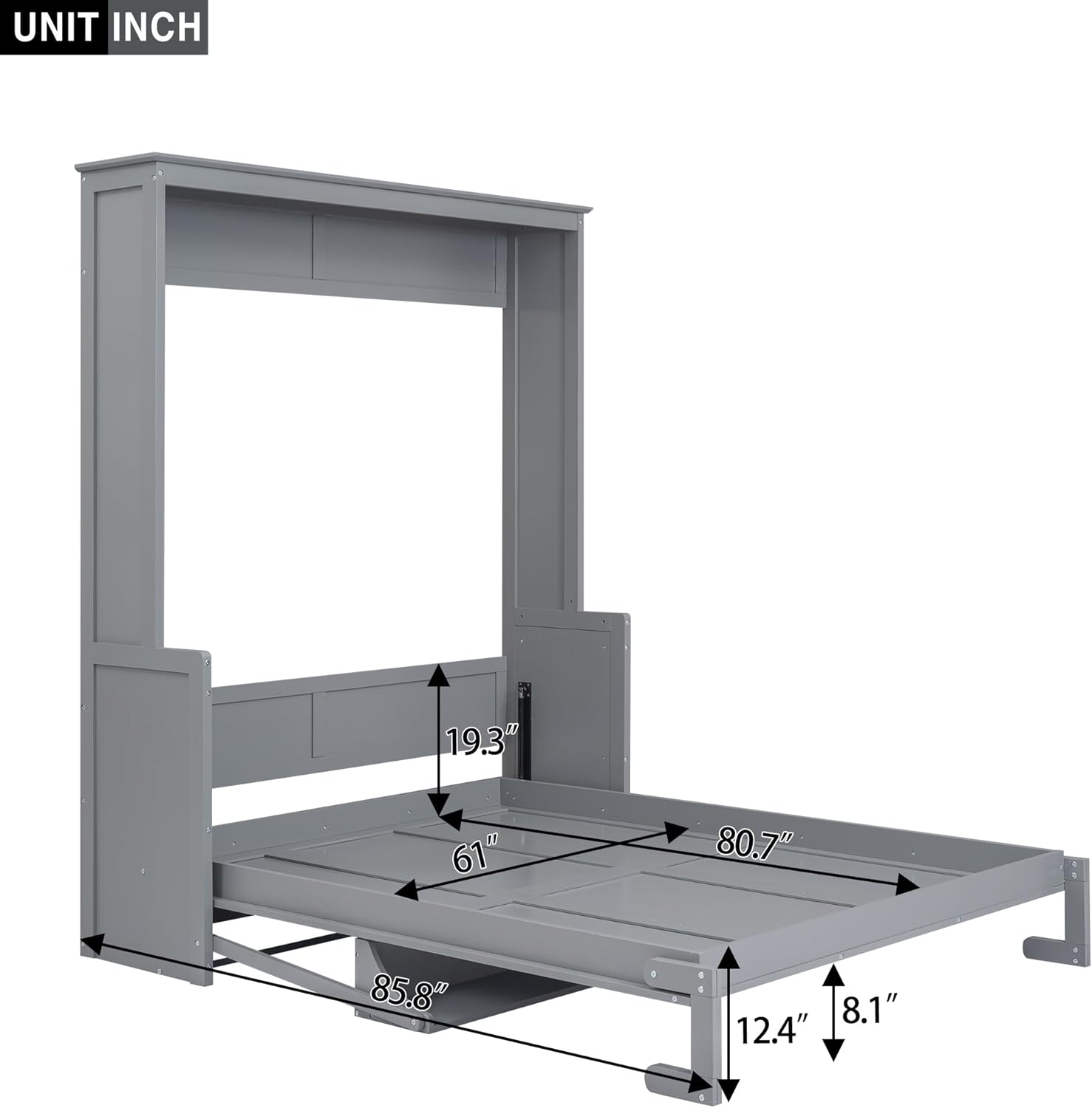 Murphy Wall Bed Queen, Wood Foldable Wall Bedframe with a Shelf for Guest Room Home Office, Space-Saving, Can Be Folded into a Cabinet, Gray