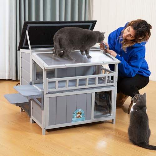 Outdoor Cat House, 2-Tier Warm Wood Cat Shelter with Sunlight Roof, Balcony, Jumping Platforms, Kitty Pet Porch Enclosure, Weatherproof, Openable, Gray