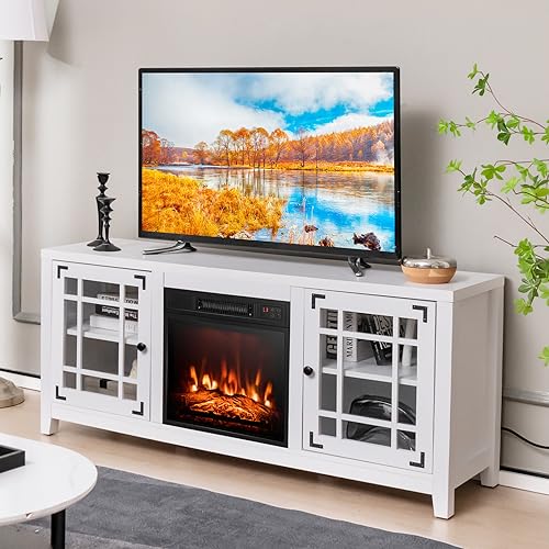 Tangkula Fireplace TV Stand for 65 Inches TVs, 58 Inch TV Console with Electric Fireplace Insert, Adjustable Shelves, Remote Control, 3-Level Flame Brightness, Entertainment Center for Living Room