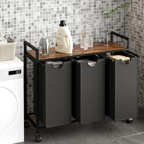Laundry Sorter Cart, Laundry Hamper with Wheels, Rolling Laundry Basket Organizer, 3 Pull Out Removable Laundry Sorter Bags, Clothes Hamper with Table for Laundry Room, Bathroom, Bedroom
