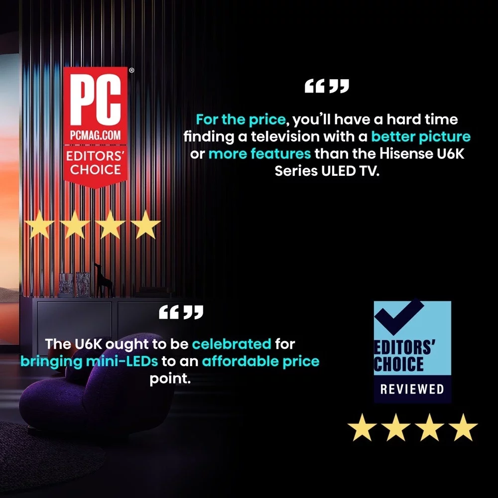 Hisense 65-Inch Class U6 Series Mini-LED QLED Google Smart TV (65U6K) - QLED, 600-Nit, Dolby Vision IQ & Dolby Atmos, Full Array Local Dimming