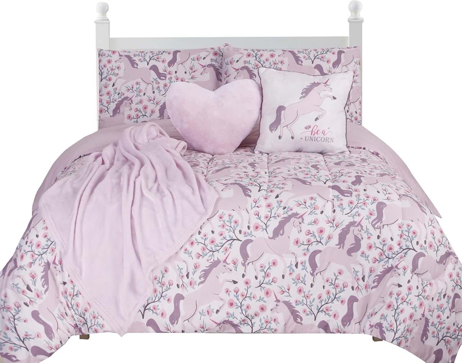 Floral Unicorn Kids Comforter Set Twin Size, 5-Piece Bedding Kids Unicorn Bed Set, Super Soft Kids Unicorn Bed Set + 3 Magical Unicorn Themed Throws and Pillow Shams - Fun & Reversible