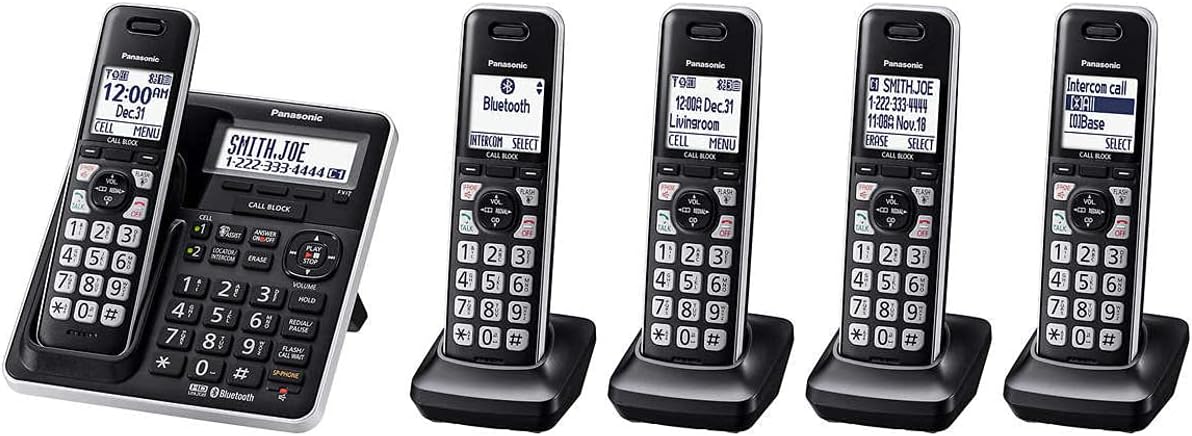 Panasonic KX-TG985 Expandable Cordless Phone System Link2Cell Bluetooth - 5 Handsets DECT 6.0 Bluetooth, Voice Assist, Low Battery Alert, Answering Machine, Call Blocking, Talking Caller ID, Black