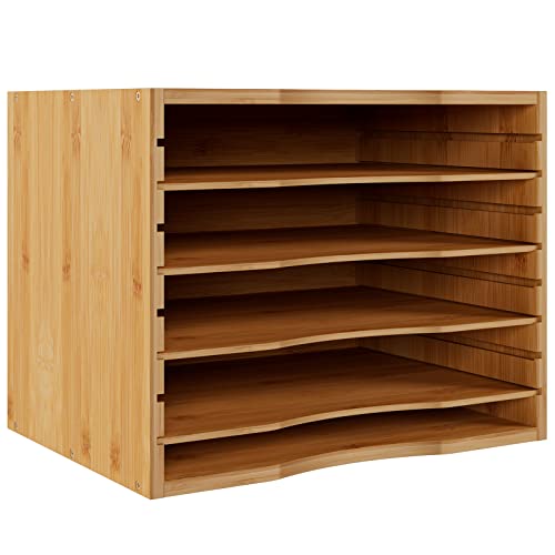 Bamjoy Bamboo 5 Tier Desktop Organizer, Paper Organizer Mail Sorter, File Holder Letter Document Storage with Adjustable Shelves for School Home Office, Natural