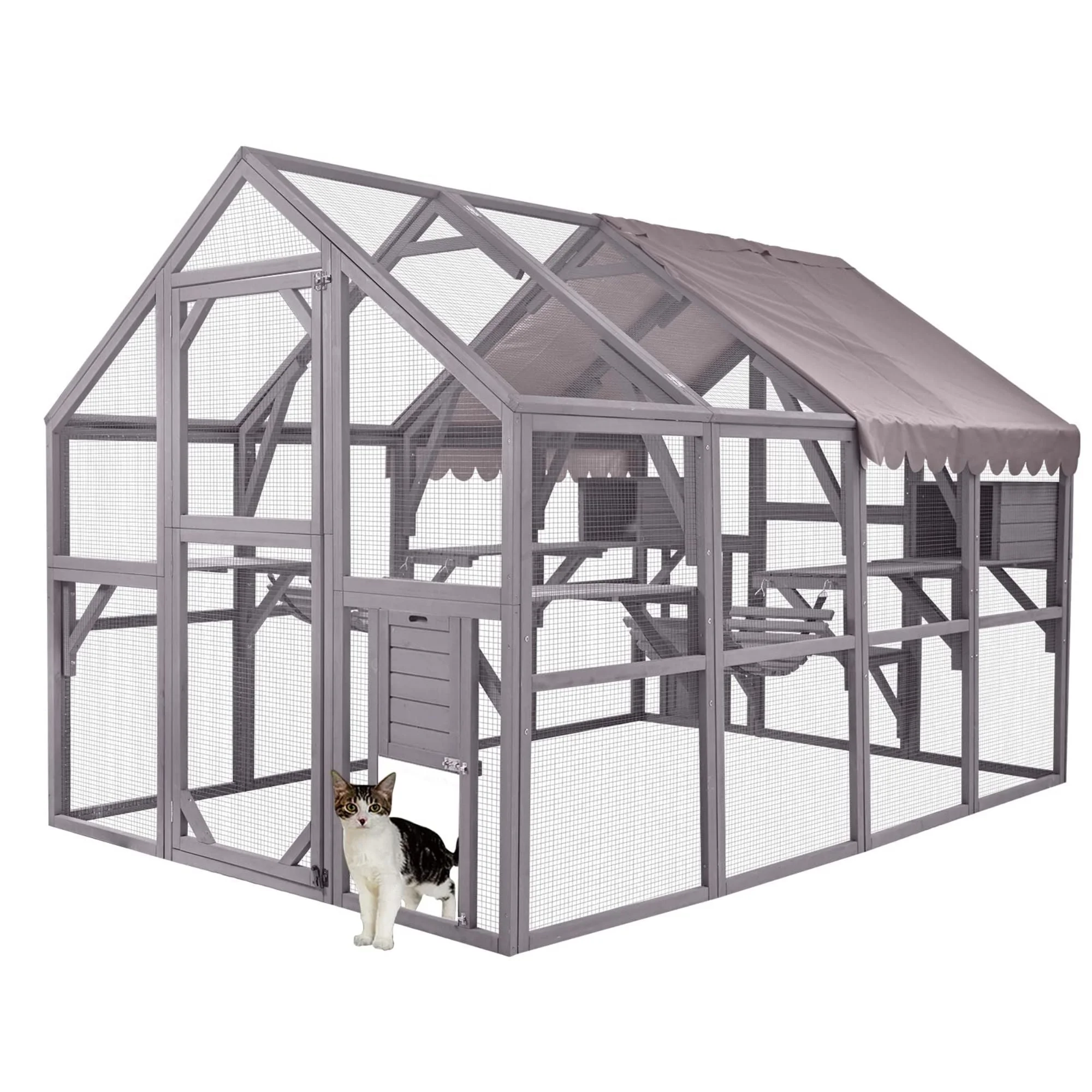 Morgete 110'' Extra Large Cat House Outdoor Walk-in Enclosure Wooden Catio Cage with Bridges, Platforms, Rest Rooms, Roof Cover