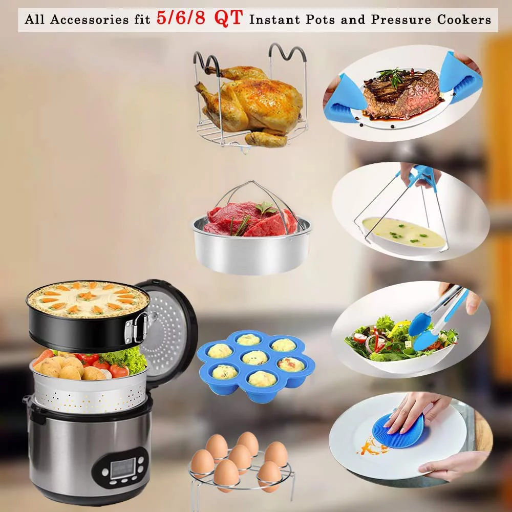 Accessories for Instant Pot, 73 Pcs Accessories for Instapot for 5,6,8Qt- 60 Pcs Parchment Papers, 2 Metal Steamer Baskets, Non-stick Springform Pan, Egg Rack, Egg Bites Mold, Kitchen Tong
