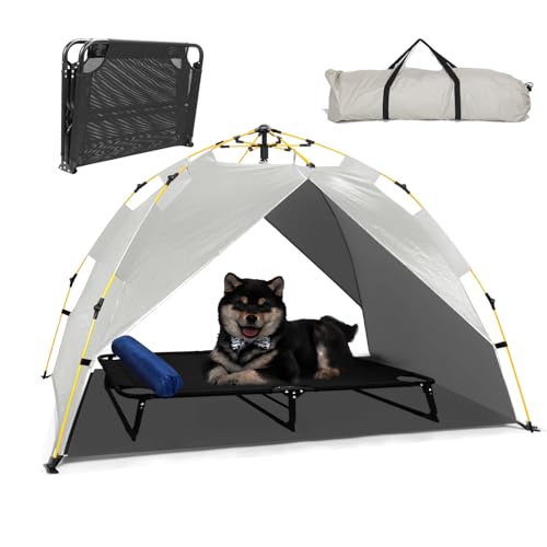 Elevated Raised Dog Bed Cot w/Canopy Shade Tent & Bolster, Fully Assembled, Portable Indoor&Outdoor Chew-Resistance Travel Camping Cooling Pet Bed for Small Medium Dogs,34x26x6