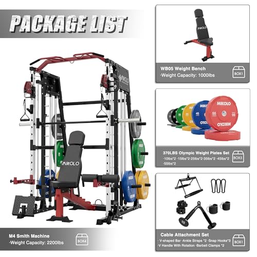 Mikolo Smith Machine, 2200lbs Squat Rack with LAT-Pull Down System & Cable Crossover Machine, Training Equipment with Leg Hold-Down Attachment