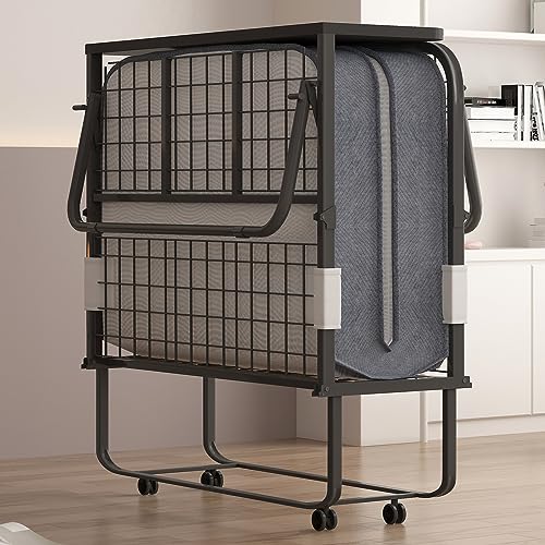 Folding Bed with Mattress for Adults, Portable Rollaway Guest Beds with 4