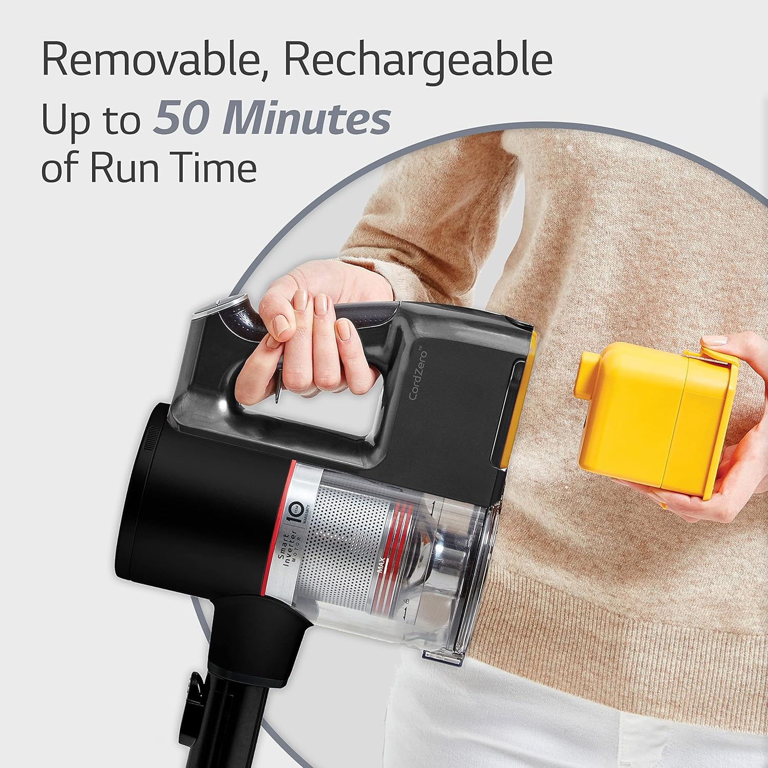 LG CordZero A9 Cordless Stick Vacuum Cleaner, Hard Floor, Carpet, Car, Pet Hair, Powerful Suction, Up to 50 Min Removable Battery, Lightweight, Handheld, A913BM, Matte Black