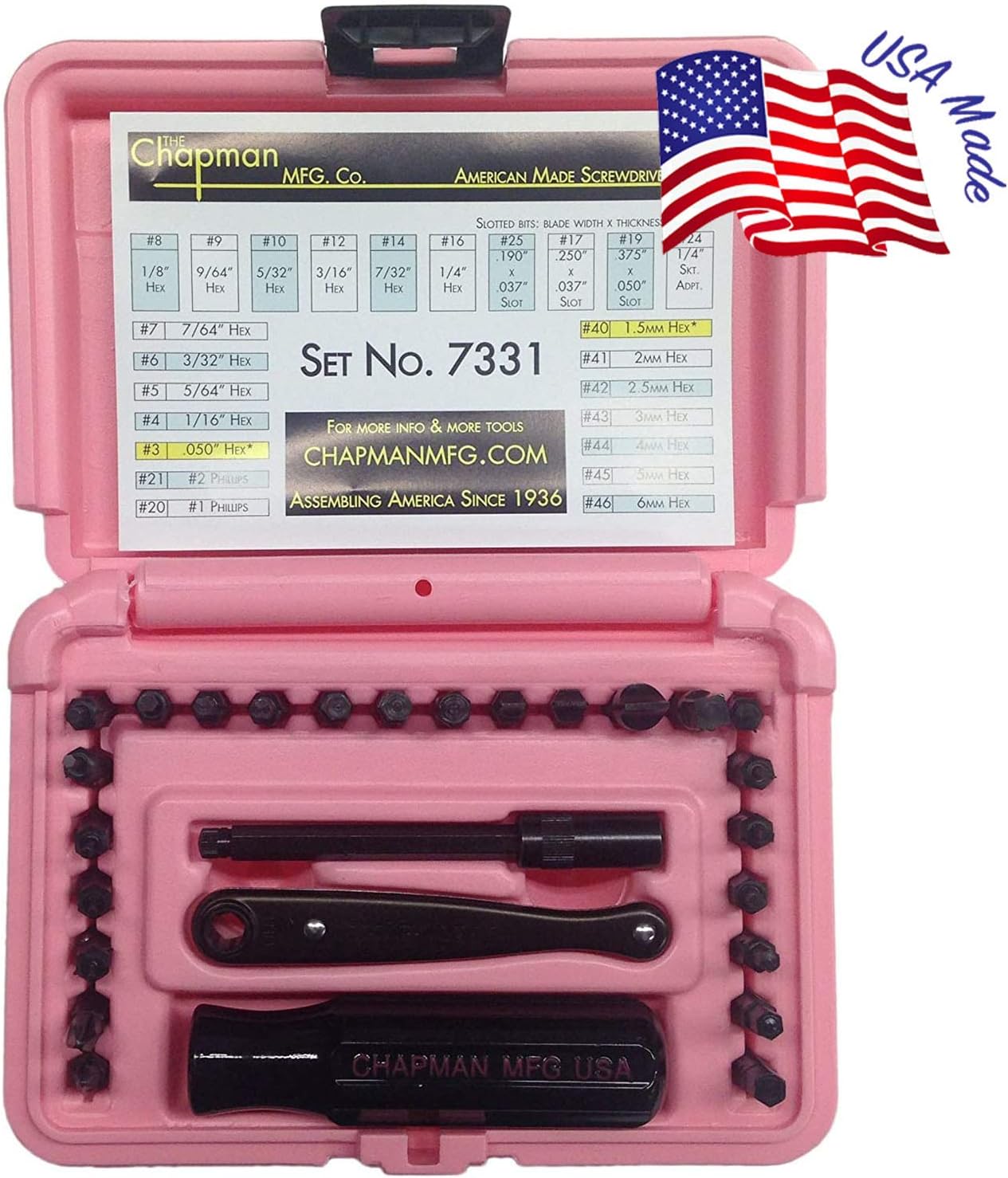 Chapman MFG 7331 All-Purpose Standard Screwdriver Set - Includes Phillips, SAE Allen Hex & Slotted/Flathead Bits - Complete Set Offers 24 USA Made Insert Bits + Mini Ratchet Hand Tool (Yellow Case)